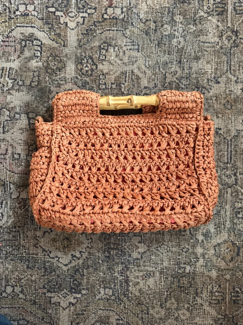 FREE PEOPLE Woven Orange Straw Clutch Bag Bamboo Handles - Picture 2 of 8